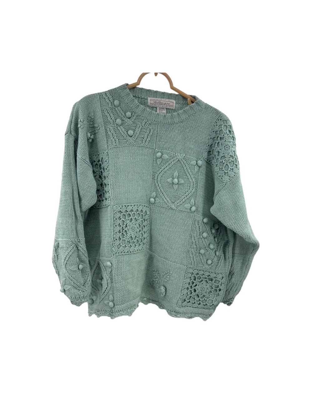 Melbourne Elements Pom Pom crochet Knit Patchwork Sweater sage L cottage